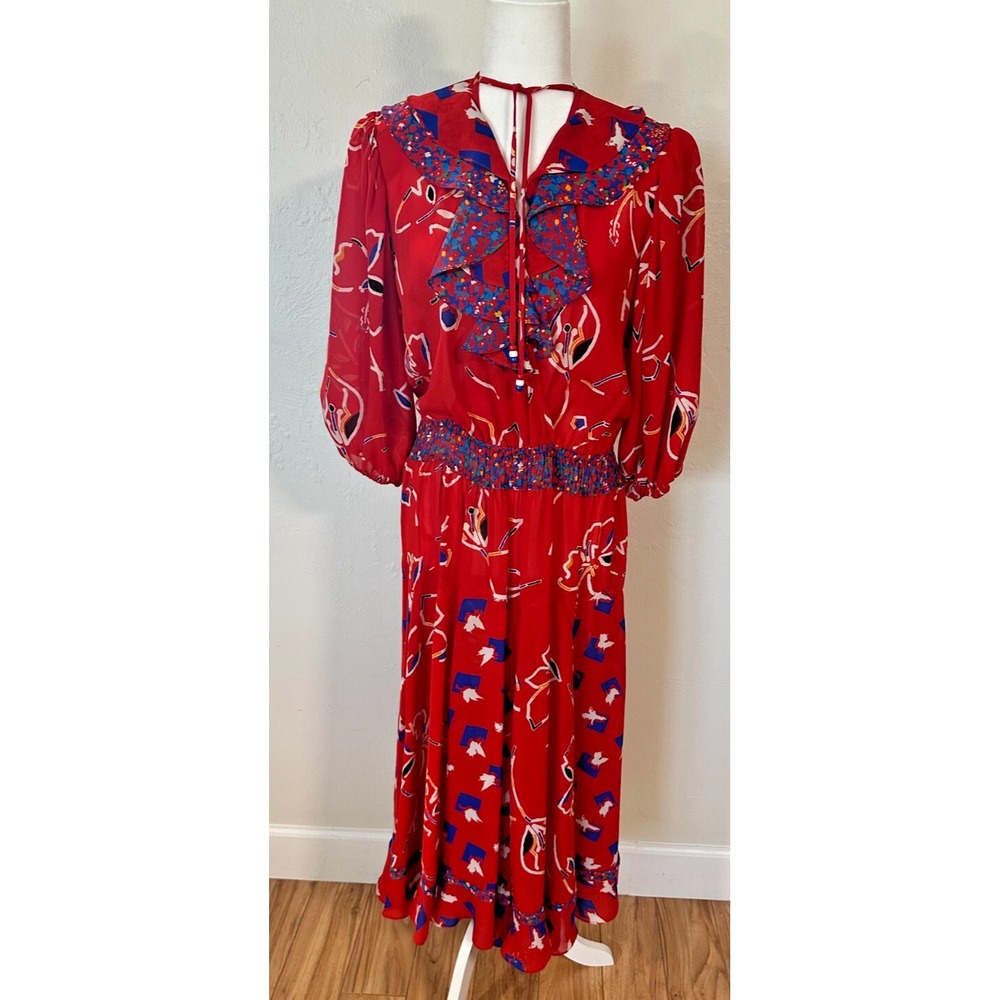 Vintage Women's 80s 90s Flounce Party Dress‎ Red Hawaiian Floral Print Teacher